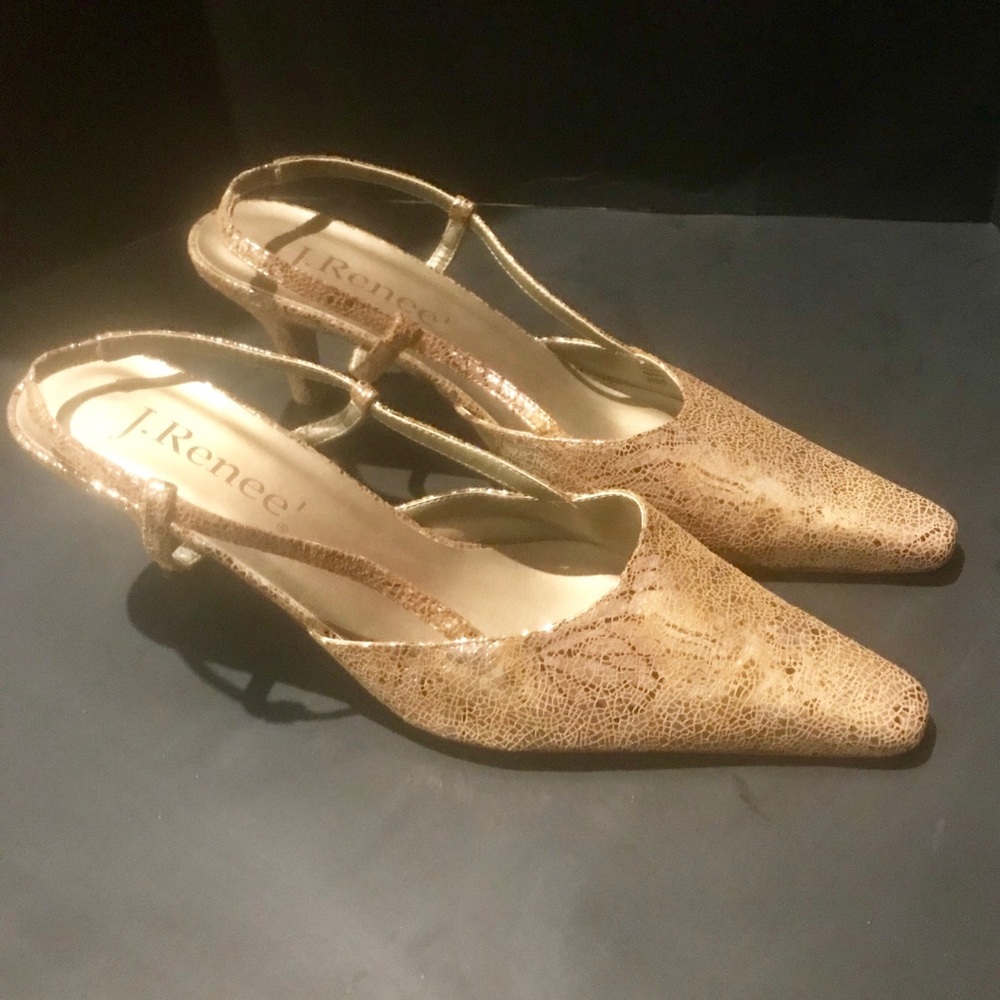 J Renee Gold Snakeskin Print Heels Shoes Slip on